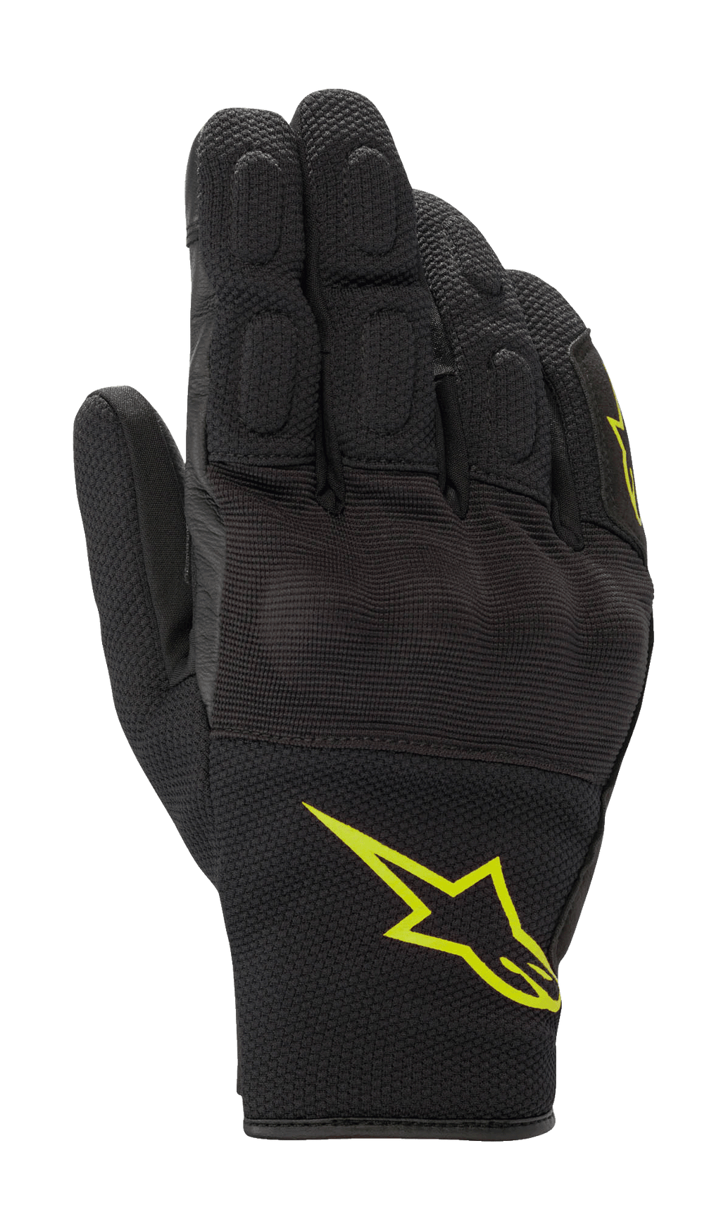Alpinestars S-Max Drystar Gloves, Motorcycle Sport Gloves, Black with Fluorescent Yellow Logo, short cuff design featuring covered hard knuckle protection and stretch mesh panels, waterproof and breathable construction for road riding