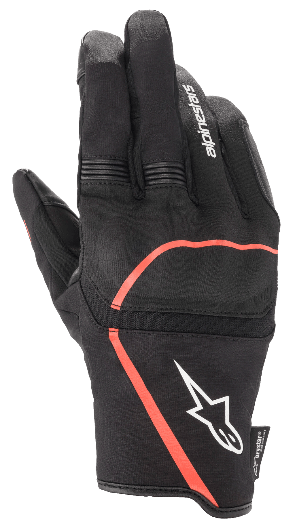 Alpinestars Syncro V2 Drystar, miejskie rękawice motocyklowe, czarne z akcentami Red Fluo, elastyczna ochrona kostek, białe logo Alpinestars na mankiecie, harmonijkowe panele elastyczne na palcach, wodoodporna i oddychająca konstrukcja