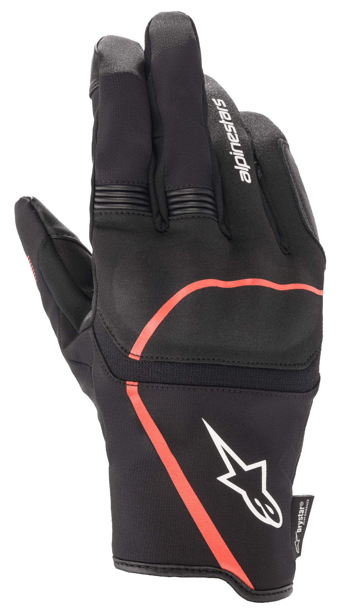 Alpinestars Syncro V2 Drystar, miejskie rękawice motocyklowe, czarne z akcentami Red Fluo, elastyczna ochrona kostek, białe logo Alpinestars na mankiecie, harmonijkowe panele elastyczne na palcach, wodoodporna i oddychająca konstrukcja