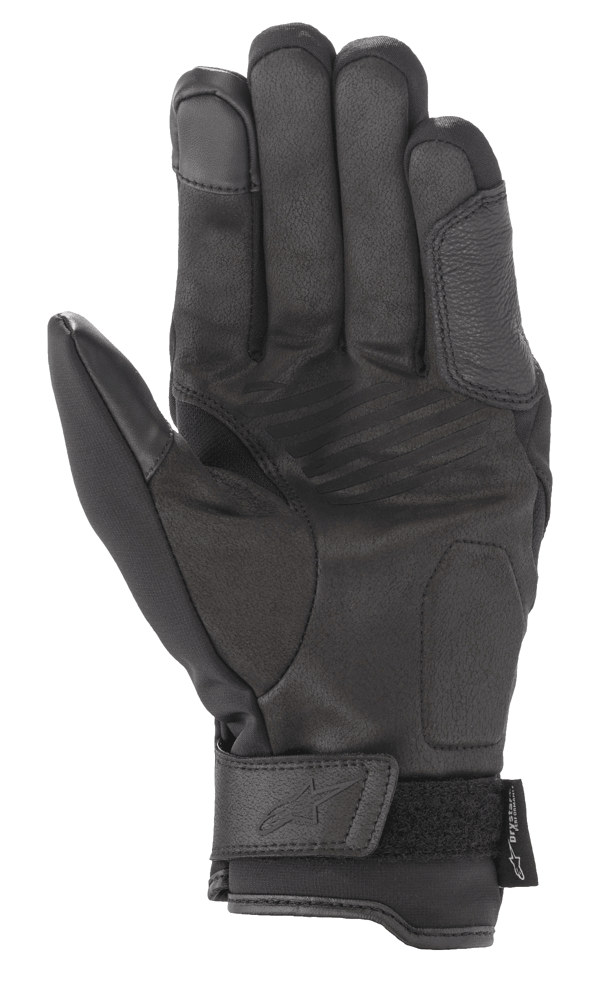 Alpinestars Syncro V2 Drystar® Gloves, czarne, miejskie rękawice motocyklowe, widok od strony dłoni przedstawiający konstrukcję ze wzmocnionego syntetycznego zamszu, wyściełane strefy ochronne i regulowane zapięcie na nadgarstku z wytłoczonym logo.