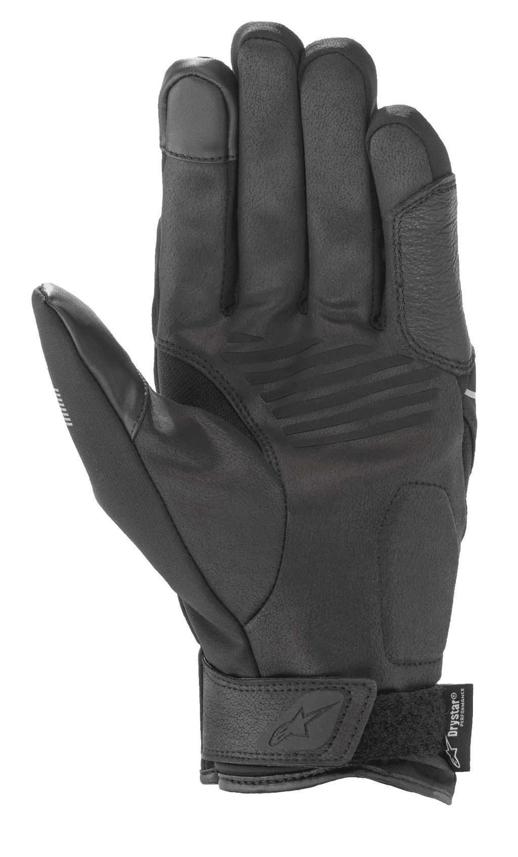 Rękawice Alpinestars Syncro V2 Drystar®, miejskie rękawice motocyklowe, czarno-szare, widok od strony dłoni, konstrukcja z syntetycznego zamszu, wyściełane wzmocnienia, opuszka palca obsługująca ekrany dotykowe, pasek na rzep z logo Alpinestars.