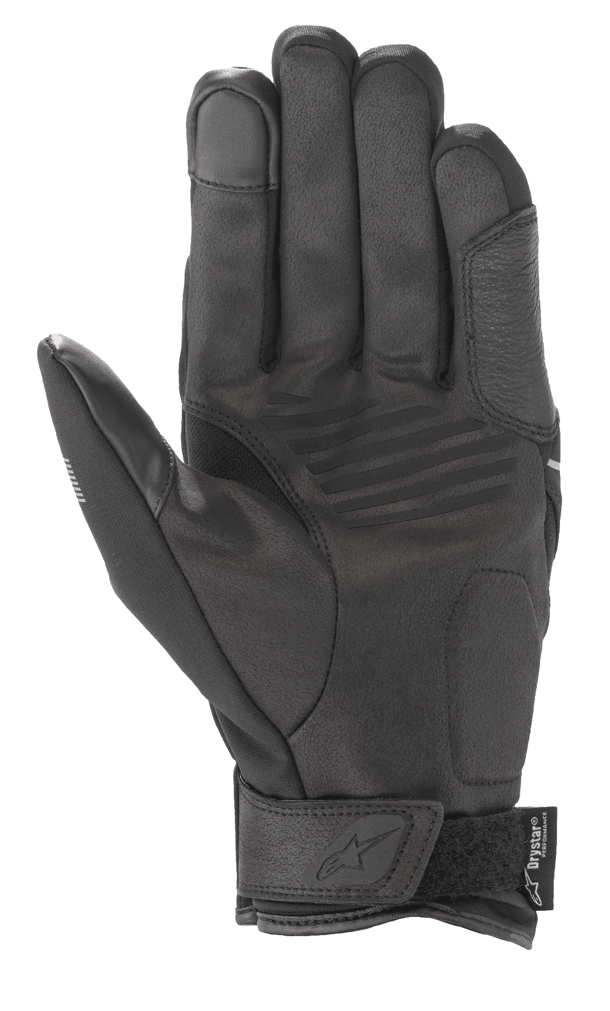 Rękawice Alpinestars Syncro V2 Drystar®, miejskie rękawice motocyklowe, czarno-szare, widok od strony dłoni, konstrukcja z syntetycznego zamszu, wyściełane wzmocnienia, opuszka palca obsługująca ekrany dotykowe, pasek na rzep z logo Alpinestars.