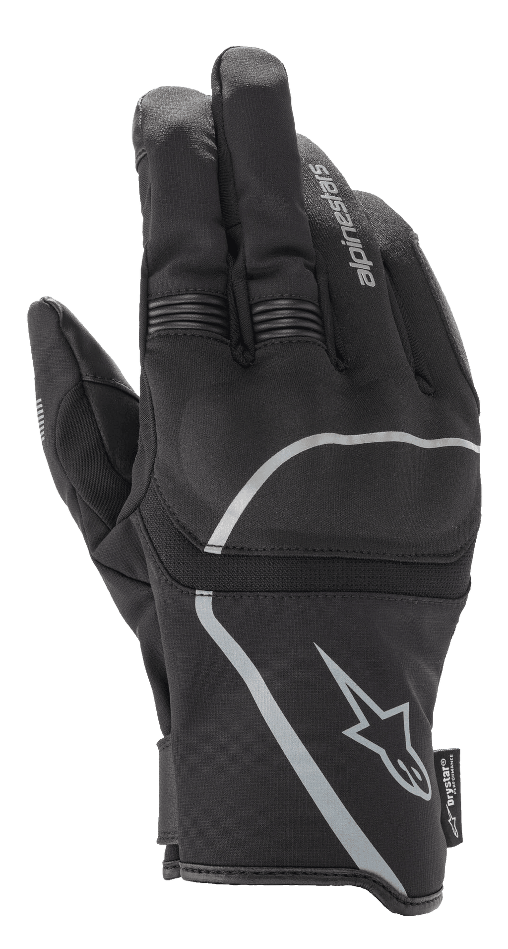 Alpinestars Syncro V2 Drystar® Gloves, miejskie rękawice motocyklowe, czarno-szare, widok z tyłu podkreślający tekstylną konstrukcję i wiskoelastyczną ochronę kostek, wodoodporna i oddychająca konstrukcja z odblaskowymi elementami.