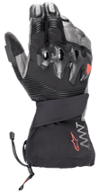 Alpinestars AMT-10 Drystar® XF Winter Gloves, zimowe rękawice motocyklowe, czarne i ciemnoszare, długi mankiet, wtryskiwana twarda ochrona kostek, harmonijkowe panele elastyczne na palcach, branding AMT z czerwonym logo gwiazdy, ściągacz mankietu ze sznurkiem