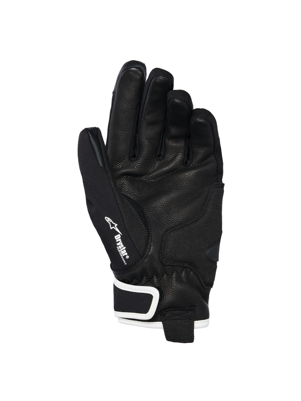 Alpinestars Stella Moblast Waterproof Gloves, palm view, black goat leather with textured grip, white accents and Drystar branding, short-cuff design for urban motorcycle riding