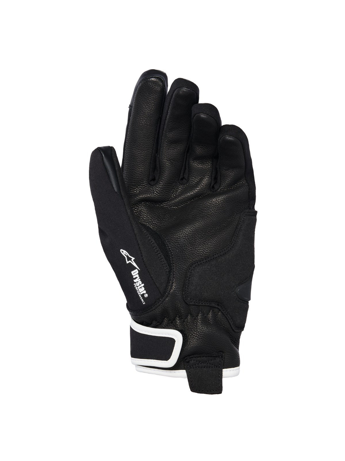 Rękawice Alpinestars Stella Moblast Waterproof, widok dłoni, czarna skóra kozia z teksturowanym uchwytem, białe akcenty i logo Drystar, konstrukcja z krótkim mankietem do miejskiej jazdy motocyklowej