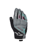 Alpinestars Stella Moblast Waterproof Gloves, Women's Motorcycle Gloves, Fur Gray and Black with Pink and Turquoise Accents, short-cuff design featuring MO.ST.EQ. branding, textile construction with protective knuckle padding and white Alpinestars logo