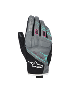 Alpinestars Stella Moblast Waterproof Gloves, Women's Motorcycle Gloves, Fur Gray and Black with Pink and Turquoise Accents, short-cuff design featuring MO.ST.EQ. branding, textile construction with protective knuckle padding and white Alpinestars logo