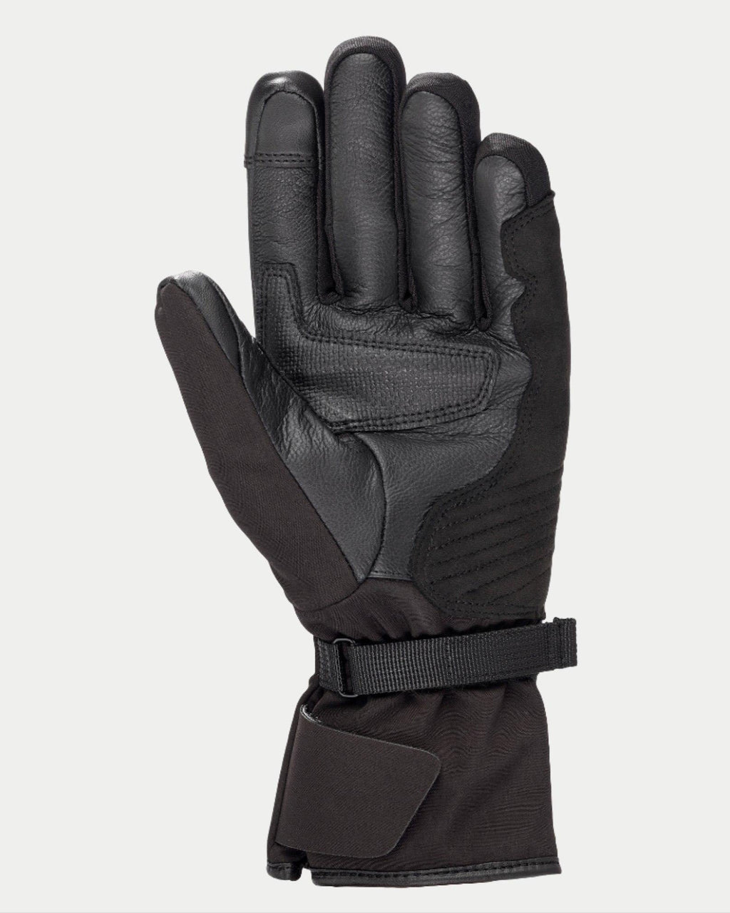Rękawice damskie Alpinestars Stella Tourer W-7 Drystar®, czarne, widok od strony dłoni ukazujący konstrukcję ze skóry i softshellu, długi mankiet turystyczny z regulowanym paskiem, wzmocniona dłoń i kciuk, wodoodporny i termiczny zimowy sprzęt motocyklowy do turystyki przygodowej