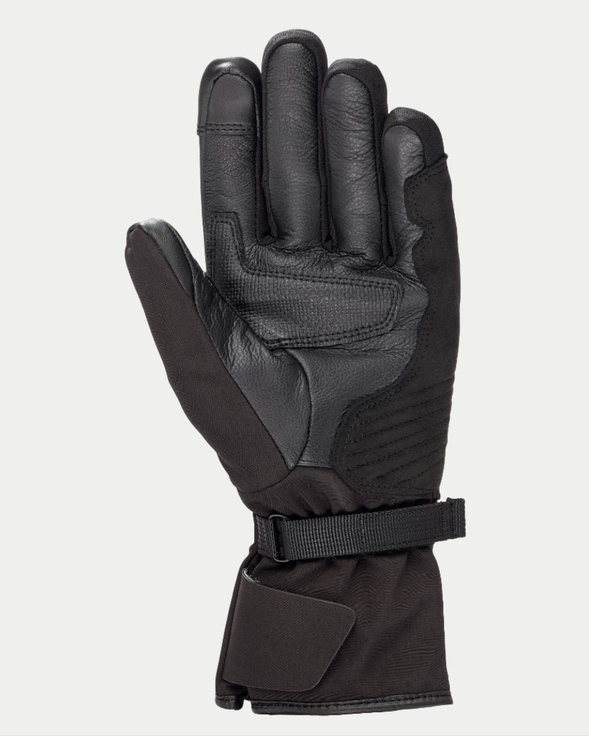 Rękawice damskie Alpinestars Stella Tourer W-7 Drystar®, czarne, widok od strony dłoni ukazujący konstrukcję ze skóry i softshellu, długi mankiet turystyczny z regulowanym paskiem, wzmocniona dłoń i kciuk, wodoodporny i termiczny zimowy sprzęt motocyklowy do turystyki przygodowej