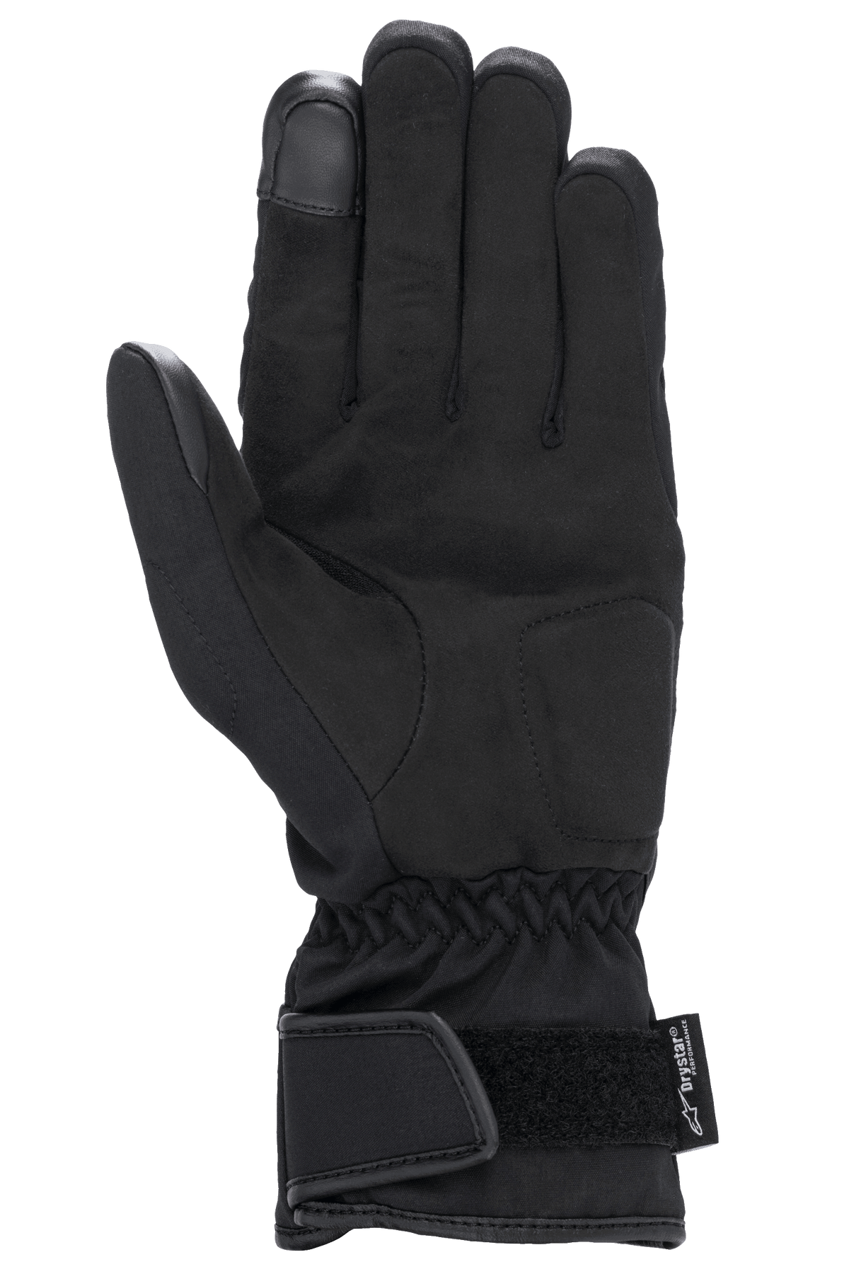 Alpinestars Stella SR-3 V2 Drystar® Gloves, damskie rękawice motocyklowe, czarne, widok od strony dłoni, wzmocnienia z syntetycznej skóry, opuszek palca wskazującego kompatybilny z ekranami dotykowymi, elastyczny nadgarstek, mankiet z regulacją na rzep i logo Drystar.