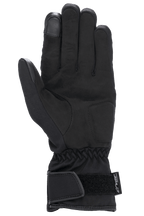 Alpinestars Stella SR-3 V2 Drystar® Gloves, damskie rękawice motocyklowe, czarne, widok od strony dłoni, wzmocnienia z syntetycznej skóry, opuszek palca wskazującego kompatybilny z ekranami dotykowymi, elastyczny nadgarstek, mankiet z regulacją na rzep i logo Drystar.