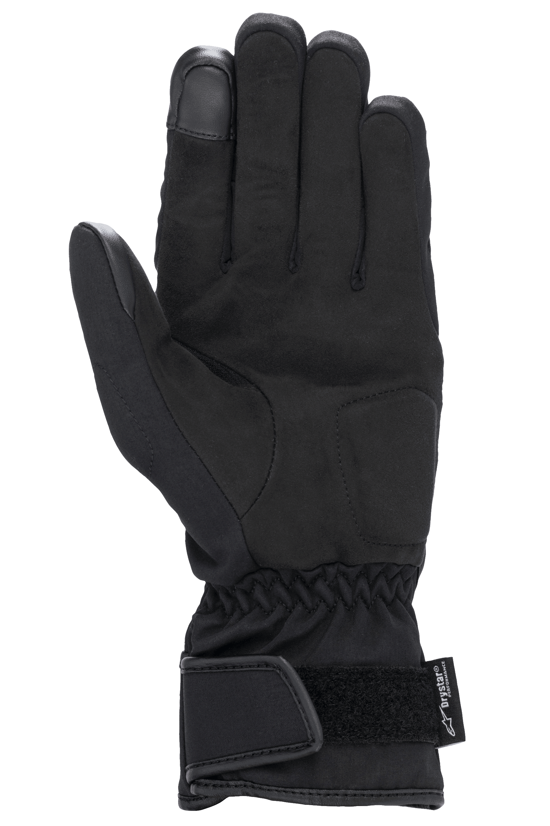 Alpinestars Stella SR-3 V2 Drystar® Gloves, damskie rękawice motocyklowe, czarne, widok od strony dłoni, wzmocnienia z syntetycznej skóry, opuszek palca wskazującego kompatybilny z ekranami dotykowymi, elastyczny nadgarstek, mankiet z regulacją na rzep i logo Drystar.