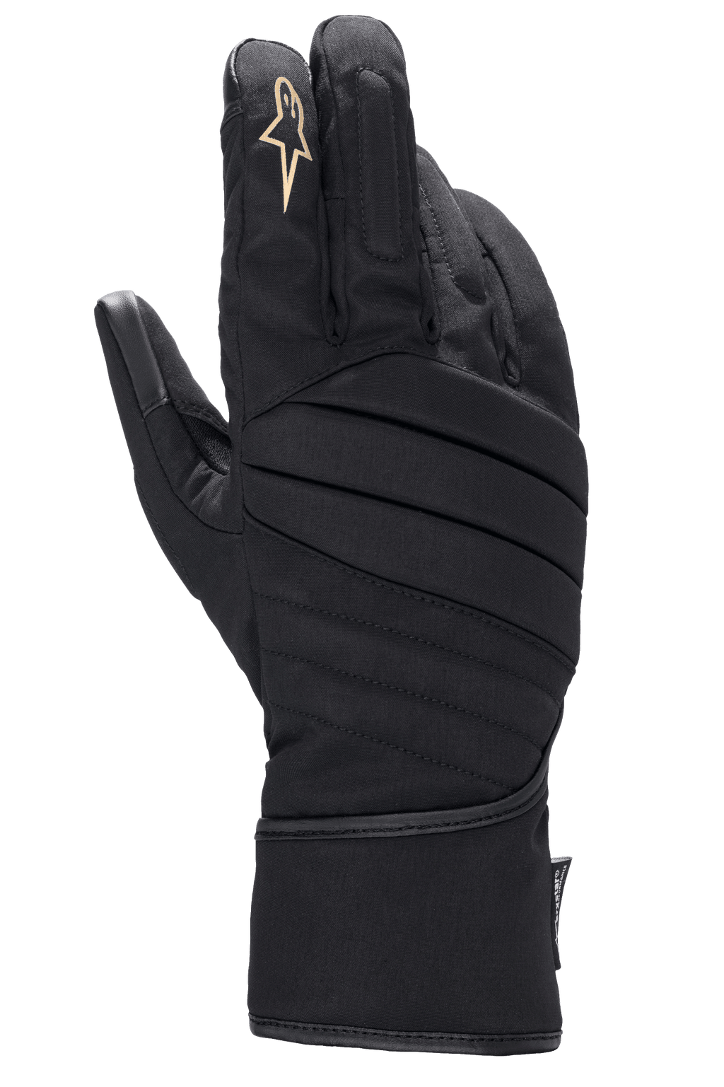 Alpinestars Stella SR-3 V2 Drystar, damskie rękawice motocyklowe, czarne, widok na grzbiet dłoni z ukośnymi pikowanymi przeszyciami, białe logo gwiazdy na palcu wskazującym, długi mankiet typu gauntlet dla ochrony w każdych warunkach pogodowych