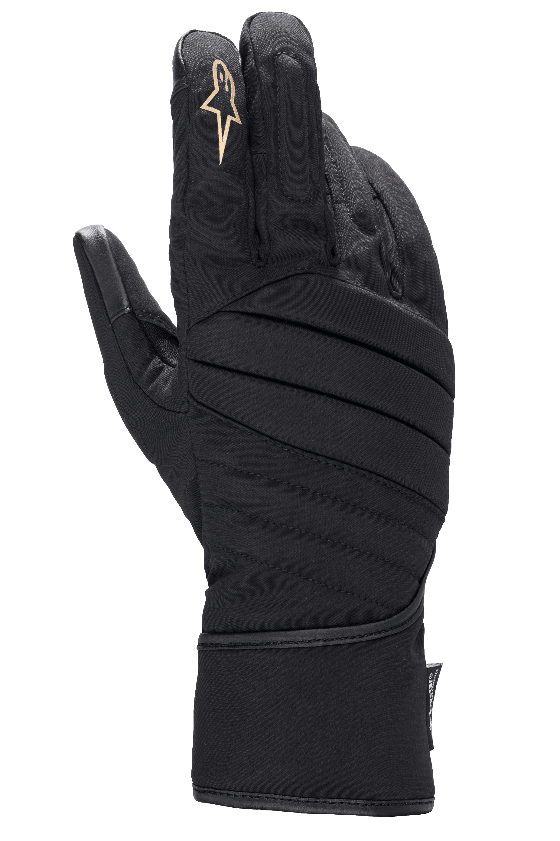 Alpinestars Stella SR-3 V2 Drystar, damskie rękawice motocyklowe, czarne, widok na grzbiet dłoni z ukośnymi pikowanymi przeszyciami, białe logo gwiazdy na palcu wskazującym, długi mankiet typu gauntlet dla ochrony w każdych warunkach pogodowych