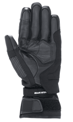 Damskie rękawice motocyklowe Alpinestars Stella Andes V3 Drystar, czarno-antracytowe, widok od strony dłoni pokazujący konstrukcję z koziej skóry, wzmocnione panele oraz regulowany pasek na rzep z oznaczeniem Safe Retention.