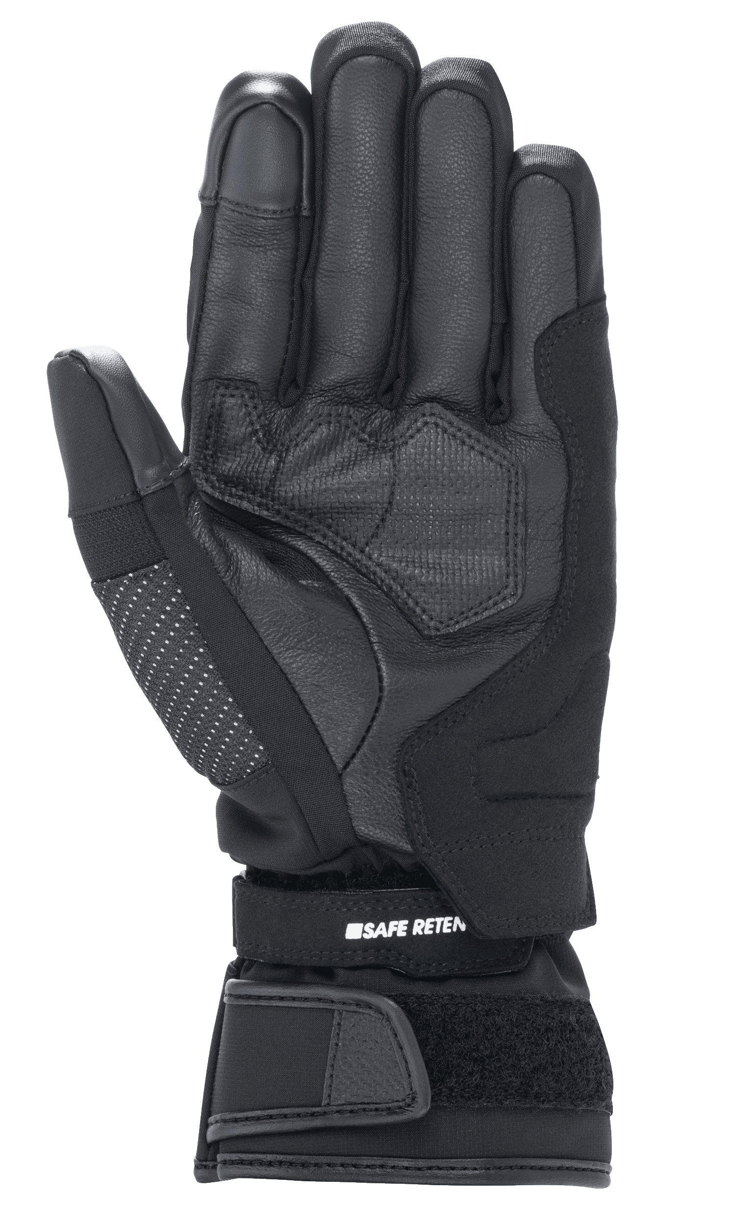 Damskie rękawice motocyklowe Alpinestars Stella Andes V3 Drystar, czarno-antracytowe, widok od strony dłoni pokazujący konstrukcję z koziej skóry, wzmocnione panele oraz regulowany pasek na rzep z oznaczeniem Safe Retention.