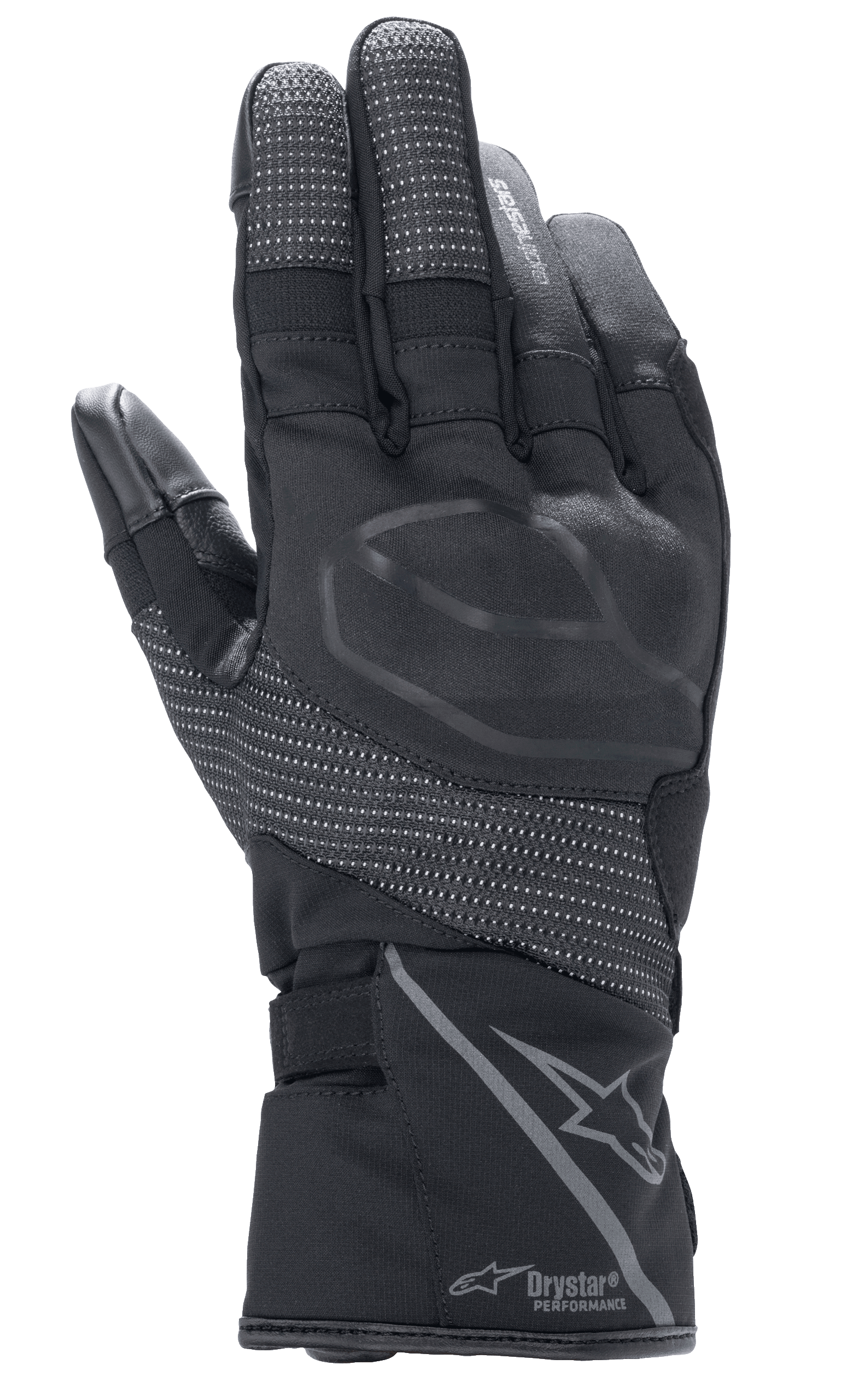 Alpinestars Stella Andes V3 Drystar, damskie rękawice motocyklowe, kolor Black Anthracite, widok wierzchu dłoni ze zintegrowanym ochraniaczem kostek, odblaskowe panele ripstop, logo Alpinestars i branding Drystar Performance na mankiecie, odzież motocyklowa adventure touring