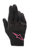 Alpinestars Stella S-Max, damskie rękawice motocyklowe, czarno-fuksjowe, z różowym logo Alpinestars na mankiecie, krótki mankiet, teksturowana siatka i zintegrowana ochrona kostek