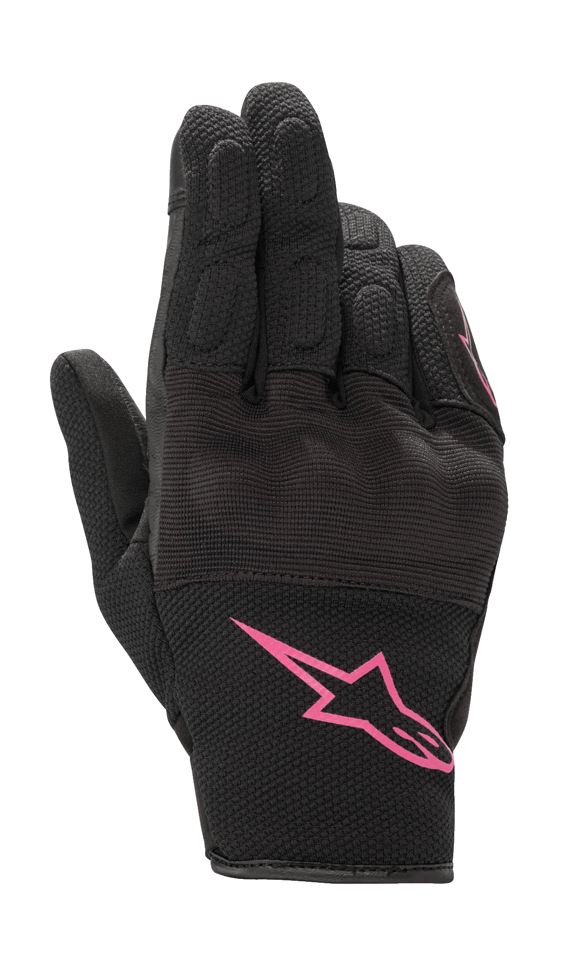Alpinestars Stella S-Max, damskie rękawice motocyklowe, czarno-fuksjowe, z różowym logo Alpinestars na mankiecie, krótki mankiet, teksturowana siatka i zintegrowana ochrona kostek