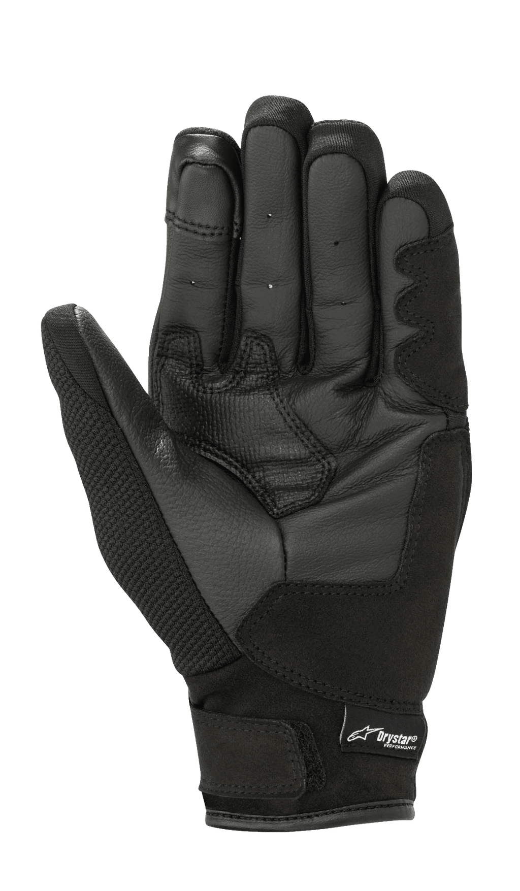 Alpinestars Stella S-Max Drystar Women's Gloves, rękawice motocyklowe damskie, kolor Black Anthracite, widok od strony dłoni ukazujący skórzaną konstrukcję, wzmocnione strefy chwytu oraz zapięcie na rzep na nadgarstku z logo Drystar