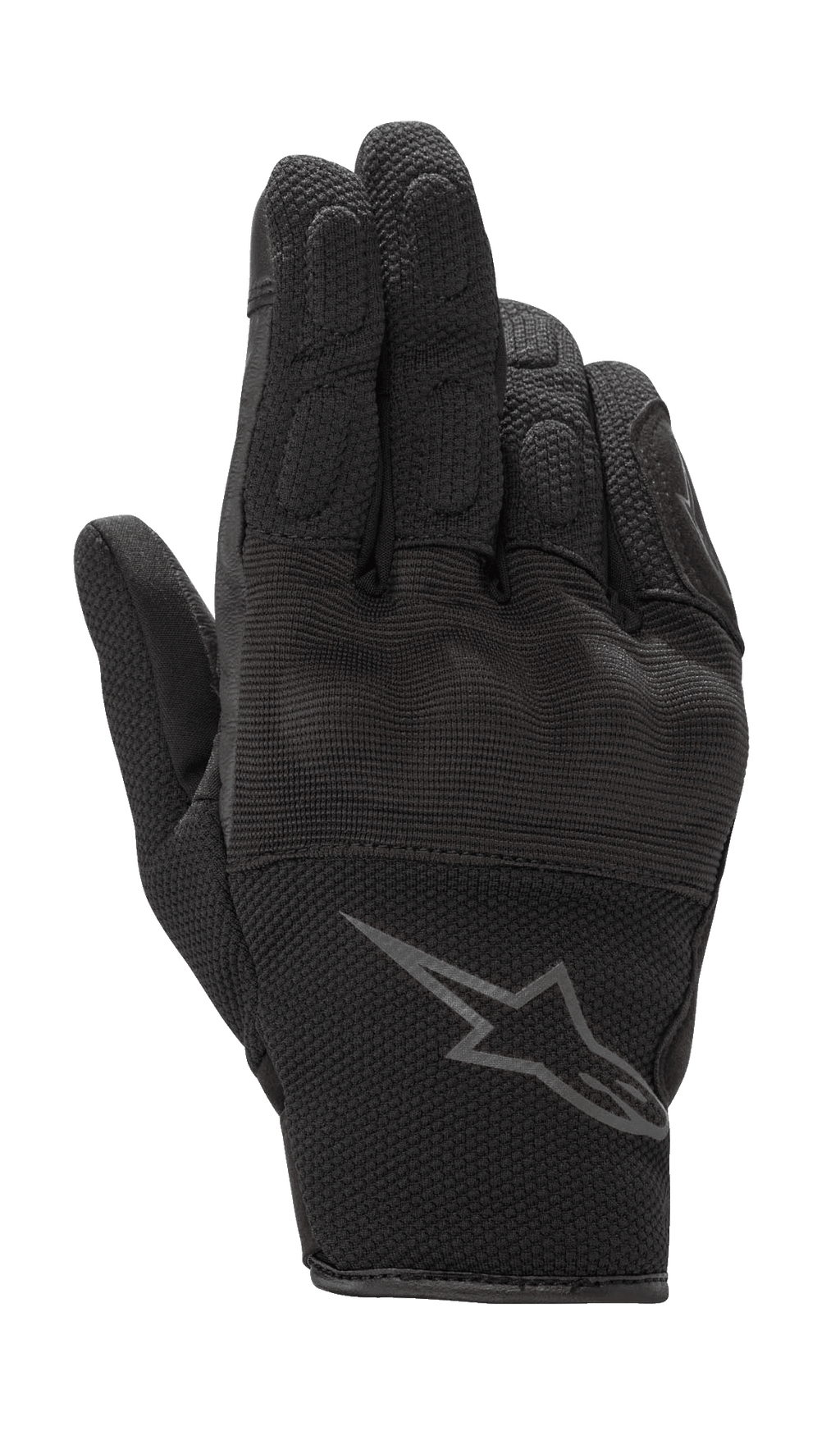 Alpinestars S-Max Women's Gloves, damskie rękawice motocyklowe, czarny antracyt, krótki mankiet, konstrukcja ze skóry i elastycznej siatki, twardy ochraniacz kostek, szare logo Alpinestars na nadgarstku, wodoodporna odzież ochronna do jazdy szosowej
