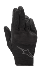 Alpinestars S-Max Women's Gloves, damskie rękawice motocyklowe, czarny antracyt, krótki mankiet, konstrukcja ze skóry i elastycznej siatki, twardy ochraniacz kostek, szare logo Alpinestars na nadgarstku, wodoodporna odzież ochronna do jazdy szosowej