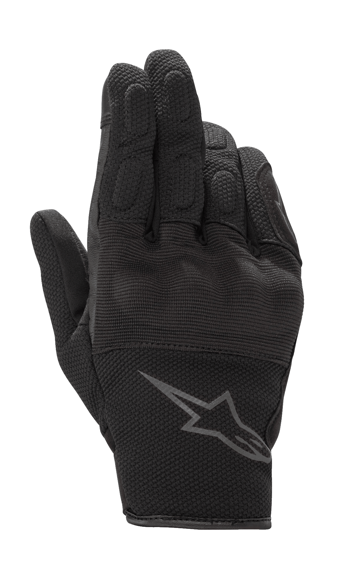 Alpinestars S-Max Women's Gloves, damskie rękawice motocyklowe, czarny antracyt, krótki mankiet, konstrukcja ze skóry i elastycznej siatki, twardy ochraniacz kostek, szare logo Alpinestars na nadgarstku, wodoodporna odzież ochronna do jazdy szosowej