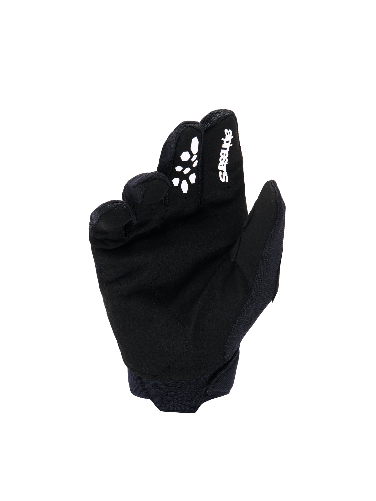 Alpinestars Youth & Kids Full Bore V2 Gloves, rękawice motocrossowe, czarno-białe, widok od strony dłoni wykonanej z syntetycznego zamszu, białe logo Alpinestars i silikonowy nadruk na palcu wskazującym, wytrzymały sprzęt off-road
