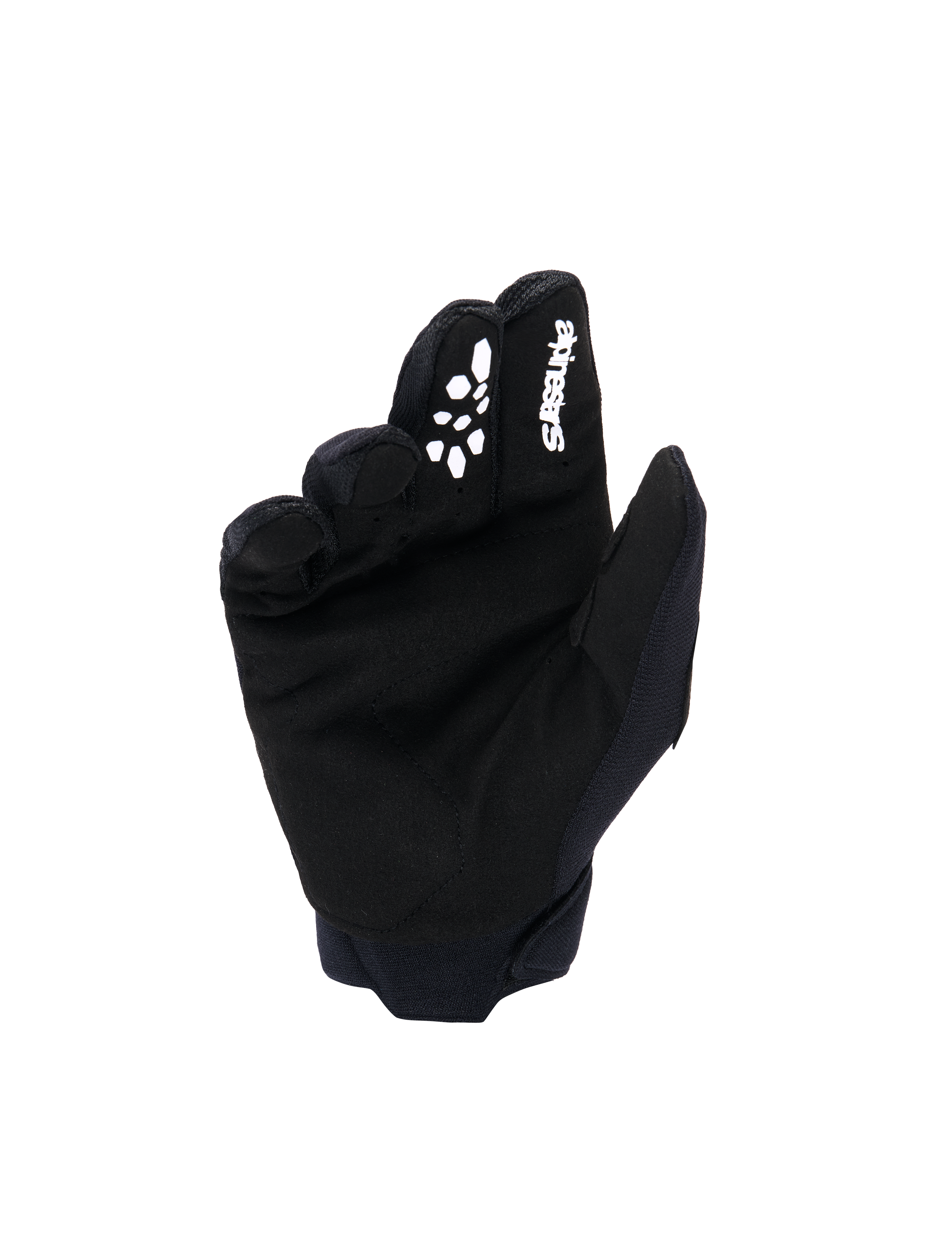 Alpinestars Youth & Kids Full Bore V2 Gloves, rękawice motocrossowe, czarno-białe, widok od strony dłoni wykonanej z syntetycznego zamszu, białe logo Alpinestars i silikonowy nadruk na palcu wskazującym, wytrzymały sprzęt off-road