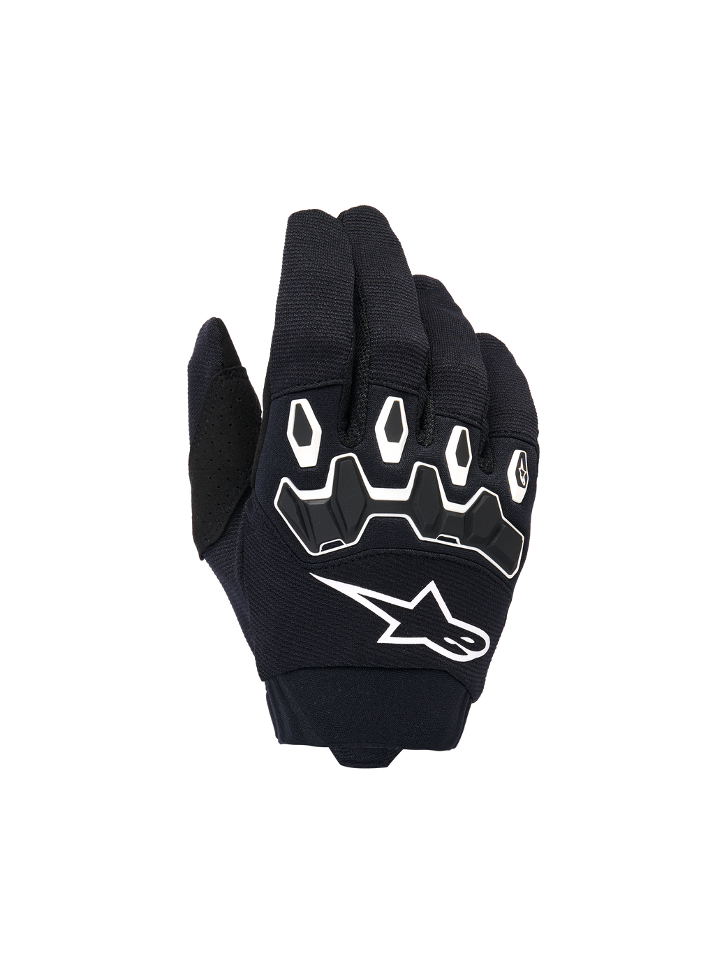 Alpinestars Youth & Kids Full Bore V2, młodzieżowe rękawice motocrossowe, czarno-białe, ergonomiczna ochrona kostek TPR z białymi obwódkami, duże białe logo Alpinestars, oddychająca tekstylna konstrukcja do wyścigów off-road