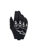 Alpinestars Youth & Kids Full Bore V2, młodzieżowe rękawice motocrossowe, czarno-białe, ergonomiczna ochrona kostek TPR z białymi obwódkami, duże białe logo Alpinestars, oddychająca tekstylna konstrukcja do wyścigów off-road