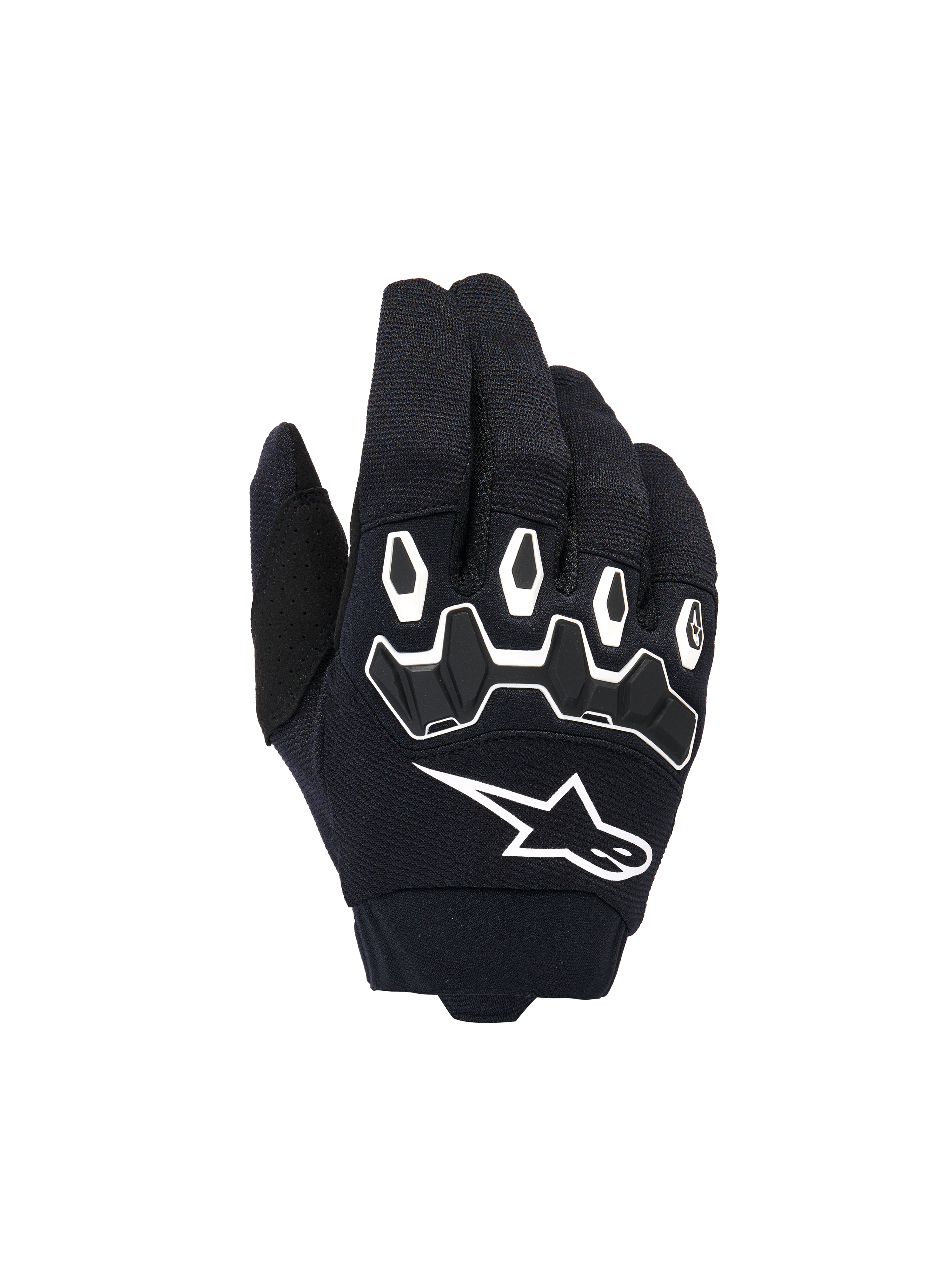 Alpinestars Youth & Kids Full Bore V2, młodzieżowe rękawice motocrossowe, czarno-białe, ergonomiczna ochrona kostek TPR z białymi obwódkami, duże białe logo Alpinestars, oddychająca tekstylna konstrukcja do wyścigów off-road
