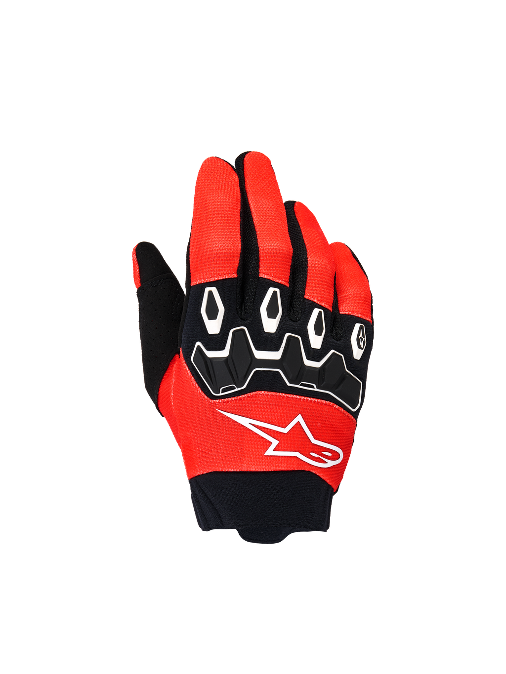 Rękawice Alpinestars Youth & Kids Full Bore V2, rękawice motocrossowe, jaskrawoczerwone i czarne, widok z góry przedstawiający czarne ochraniacze kostek TPR z białymi akcentami i białym logo Astar, wytrzymała konstrukcja tekstylna do jazdy terenowej
