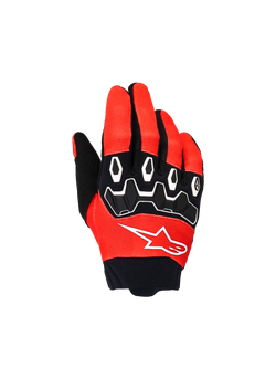 Alpinestars Youth & Kids Full Bore V2 Gloves, Motocross Racing Gloves, Bright Red and Black, top view featuring black TPR knuckle protectors with white accents and white Astar logo, durable textile design for off-road riding