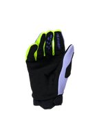 Rękawice Alpinestars Youth & Kids Full Bore V2, rękawice motocrossowe, fioletowe i żółte fluorescencyjne, widok od strony dłoni z czarnym wzmocnionym zamszem syntetycznym, neonowo-żółte akcenty na palcach i lawendowy panel kciuka, wytrzymała konstrukcja dla młodych motocyklistów off-road