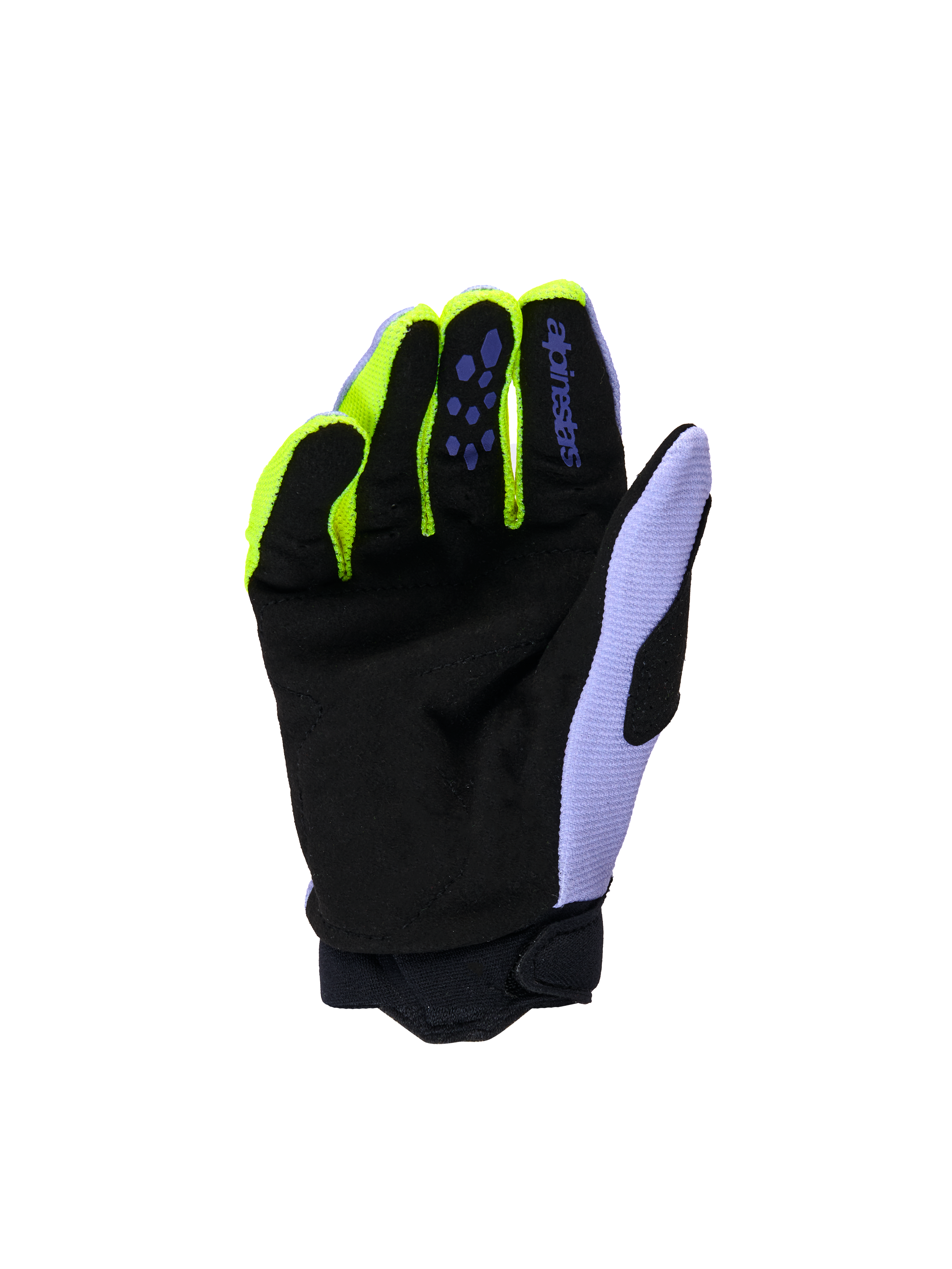 Rękawice Alpinestars Youth & Kids Full Bore V2, rękawice motocrossowe, fioletowe i żółte fluorescencyjne, widok od strony dłoni z czarnym wzmocnionym zamszem syntetycznym, neonowo-żółte akcenty na palcach i lawendowy panel kciuka, wytrzymała konstrukcja dla młodych motocyklistów off-road