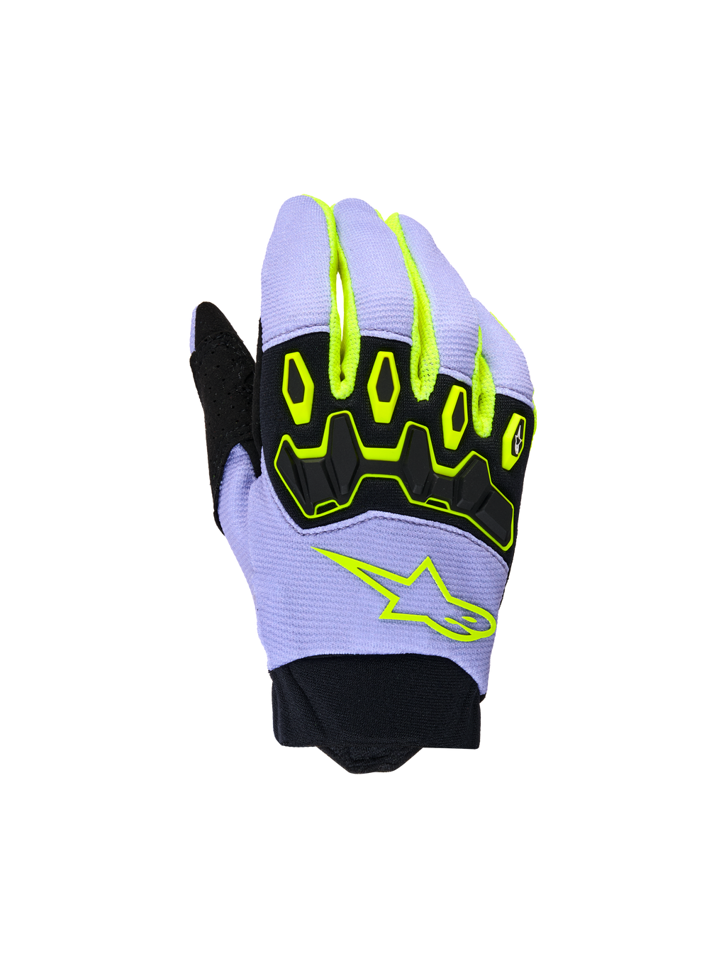 Alpinestars Youth & Kids Full Bore V2 Gloves, rękawice motocrossowe, fioletowo-żółte fluo, czarny ochraniacz kostek TPR, neonowo-żółte logo gwiazdy Alpinestars, oddychająca konstrukcja z neoprenowym mankietem, sportowy design off-road