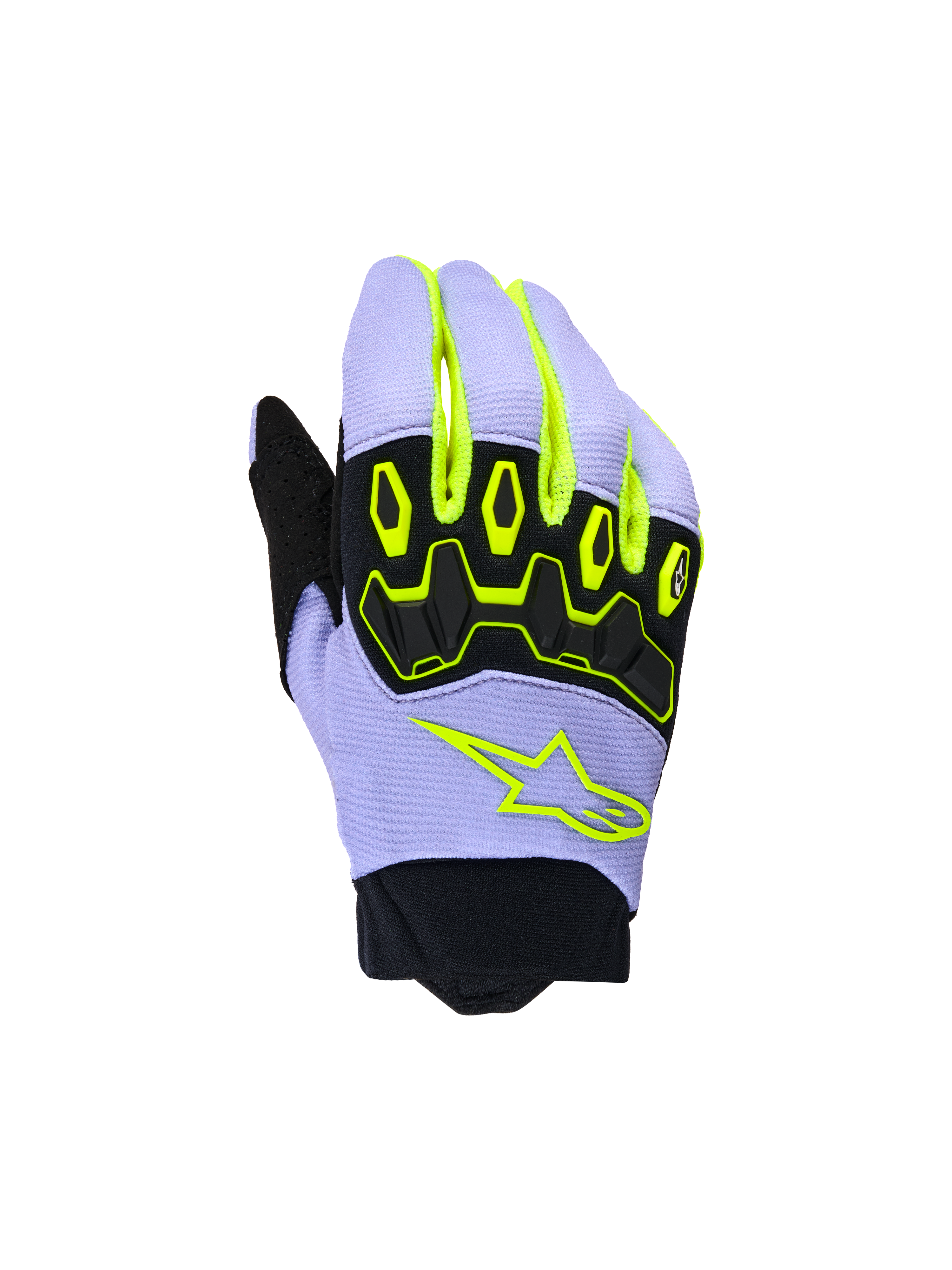 Alpinestars Youth & Kids Full Bore V2 Gloves, rękawice motocrossowe, fioletowo-żółte fluo, czarny ochraniacz kostek TPR, neonowo-żółte logo gwiazdy Alpinestars, oddychająca konstrukcja z neoprenowym mankietem, sportowy design off-road