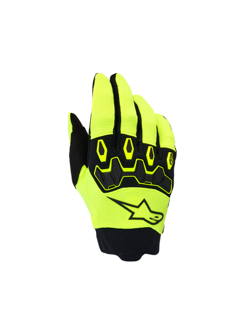 Rękawice Alpinestars Youth & Kids Full Bore V2, młodzieżowe rękawice motocrossowe, żółte fluo i czarne, widok wierzchu dłoni z czarnym logo gwiazdy i ergonomicznym ochraniaczem TPR na kostki, sportowy design do wyścigów off-road