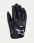 Alpinestars Youth 2024 Thermo Shielder Gloves, czarne rękawice motocrossowe, widok na grzbiet dłoni przedstawiający neoprenową konstrukcję, szare laminowane laserowo wzory ochronne, białe logo Alpinestars i branding ASTARS, izolacja do jazdy off-road w chłodne dni