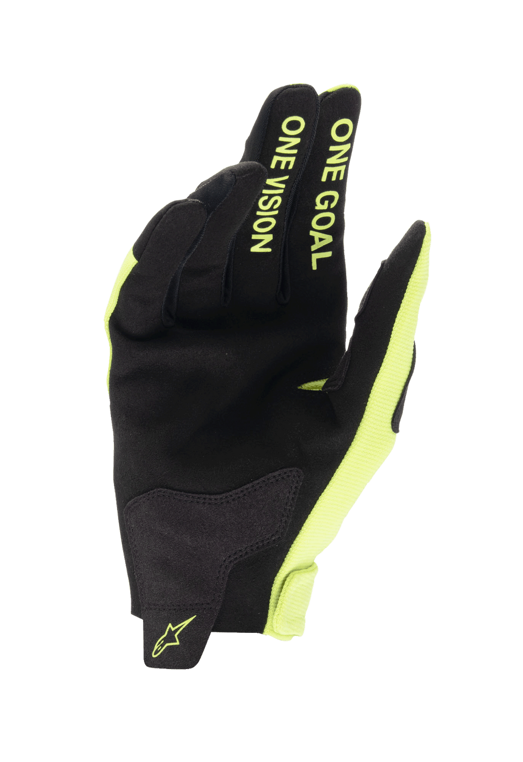 Alpinestars Youth 2024 Radar Gloves, rękawice motocrossowe, czarno-żółte fluo, widok od strony dłoni z konstrukcją z syntetycznego zamszu, żółty fluorescencyjny napis „ONE GOAL ONE VISION” na palcach, wytrzymała konstrukcja do wyścigów off-road