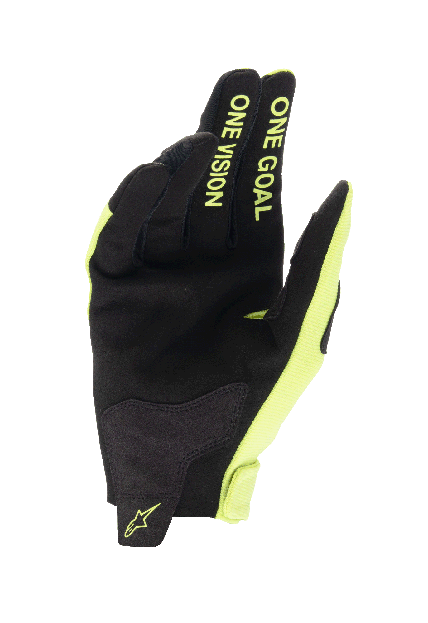 Alpinestars Youth 2024 Radar Gloves, rękawice motocrossowe, czarno-żółte fluo, widok od strony dłoni z konstrukcją z syntetycznego zamszu, żółty fluorescencyjny napis „ONE GOAL ONE VISION” na palcach, wytrzymała konstrukcja do wyścigów off-road