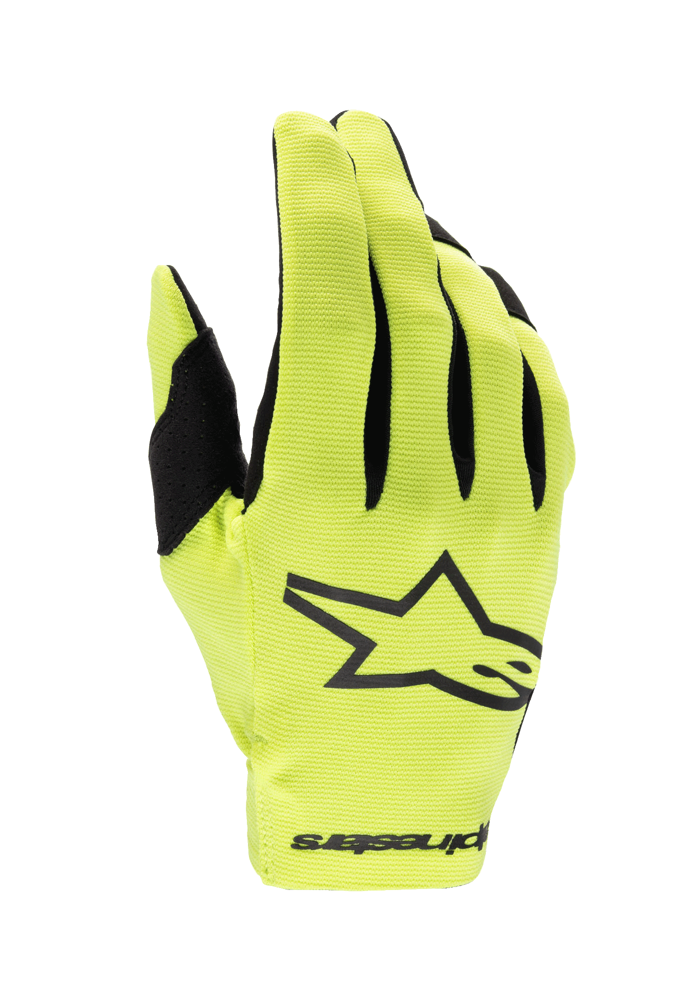 Alpinestars Youth Radar Gloves 2024, rękawice motocrossowe, żółte fluo i czarne, z dużym czarnym logo gwiazdy na grzbiecie dłoni, lekka rozciągliwa tkanina z czarnymi akcentami na palcach, wyczynowa ochrona wyścigowa dla młodzieży