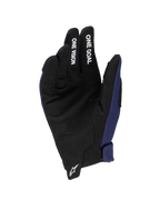 Alpinestars 2025 Youth Radar Gloves, rękawice motocrossowe, granatowe i czarne, widoczna dłoń z syntetycznego zamszu z białymi napisami „ONE GOAL” i „ONE VISION” na palcach, białe logo Astars na nadgarstku, jednowarstwowa konstrukcja do jazdy terenowej