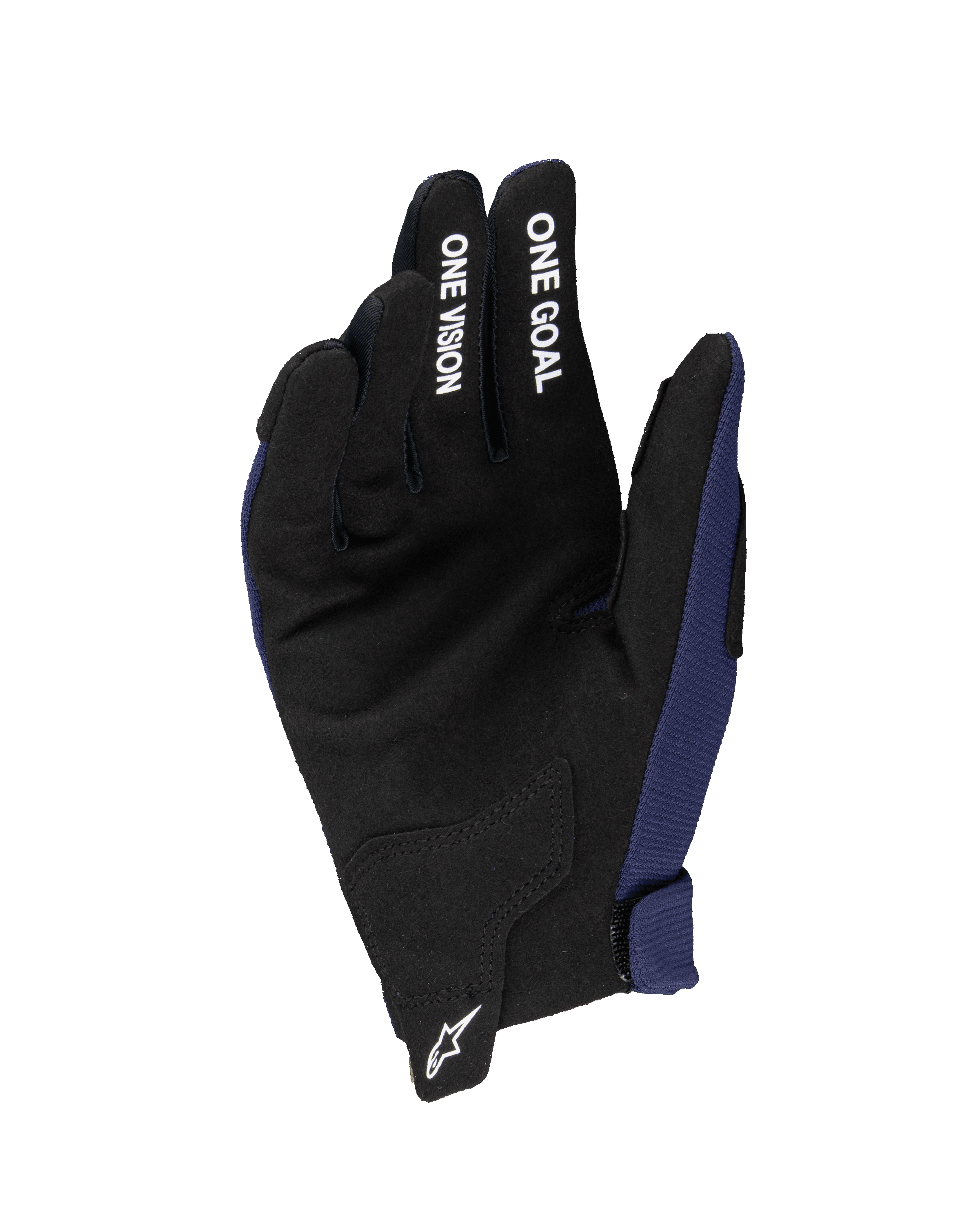 Alpinestars 2025 Youth Radar Gloves, rękawice motocrossowe, granatowe i czarne, widoczna dłoń z syntetycznego zamszu z białymi napisami „ONE GOAL” i „ONE VISION” na palcach, białe logo Astars na nadgarstku, jednowarstwowa konstrukcja do jazdy terenowej