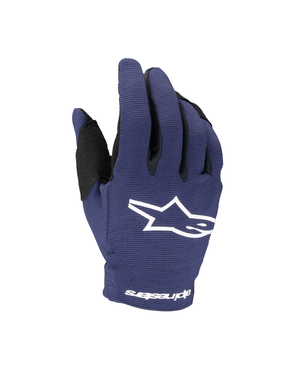 Alpinestars 2025 Youth Radar Gloves, rękawice motocrossowe młodzieżowe, granatowe i białe, białe logo gwiazdy na wierzchu dłoni, napis Alpinestars na nadgarstku, jednowarstwowa elastyczna konstrukcja do jazdy terenowej