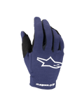 Alpinestars 2025 Youth Radar Gloves, rękawice motocrossowe młodzieżowe, granatowe i białe, białe logo gwiazdy na wierzchu dłoni, napis Alpinestars na nadgarstku, jednowarstwowa elastyczna konstrukcja do jazdy terenowej