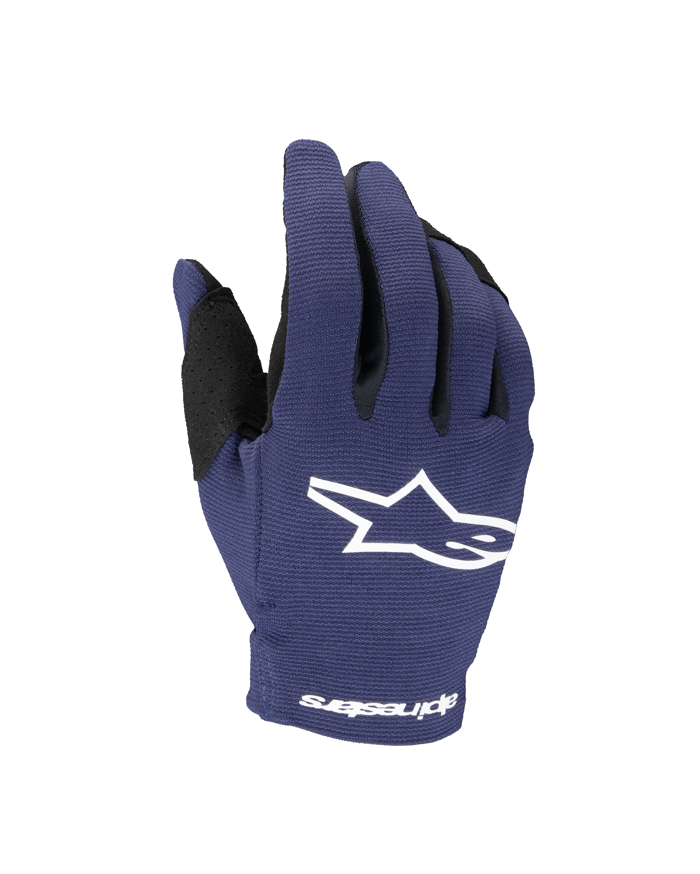 Alpinestars 2025 Youth Radar Gloves, rękawice motocrossowe młodzieżowe, granatowe i białe, białe logo gwiazdy na wierzchu dłoni, napis Alpinestars na nadgarstku, jednowarstwowa elastyczna konstrukcja do jazdy terenowej