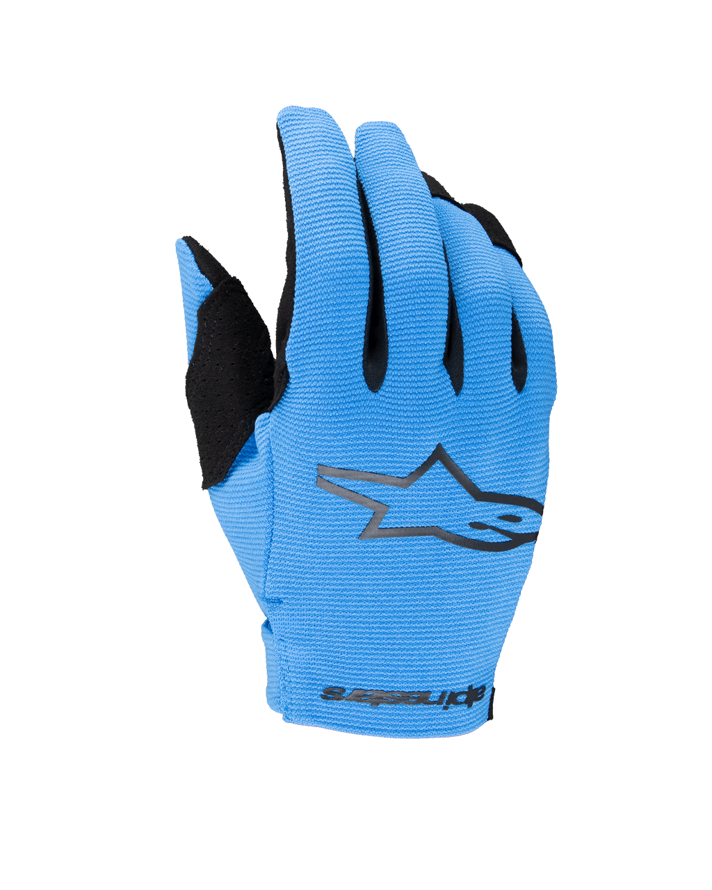 Alpinestars Youth Radar Gloves 2025, młodzieżowe rękawice motocrossowe off-road, niebiesko-czarne, z teksturowanym jasnoniebieskim grzbietem, czarnym logo gwiazdy i brandingiem Alpinestars na nadgarstku, młodzieżowe rękawice motocyklowe
